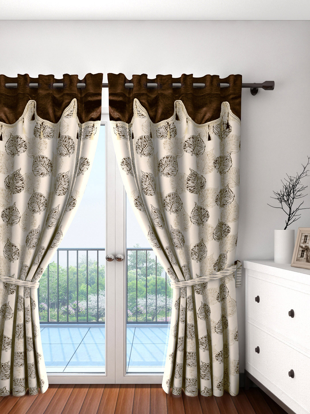 Cortina Brown & Cream-Coloured Set of 2 Fancy Valance Leaf Printed Door Curtain