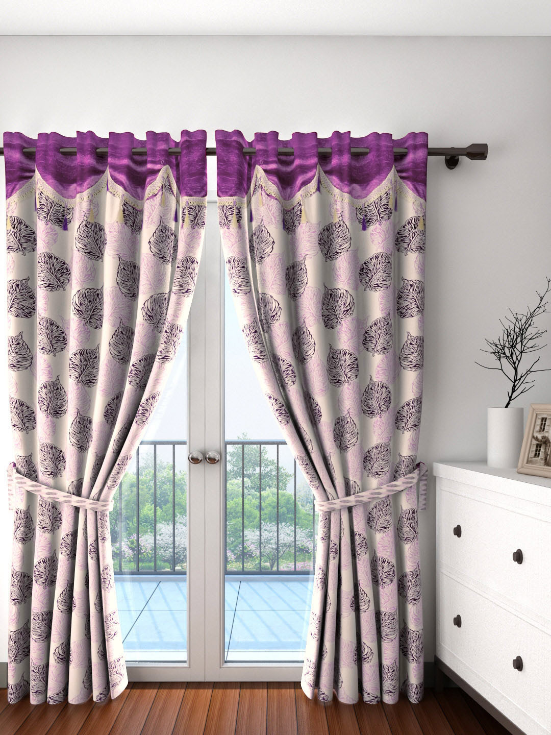 Cortina Off-White & Purple Set of 2 Fancy Valance Leaf Printed Door Curtain