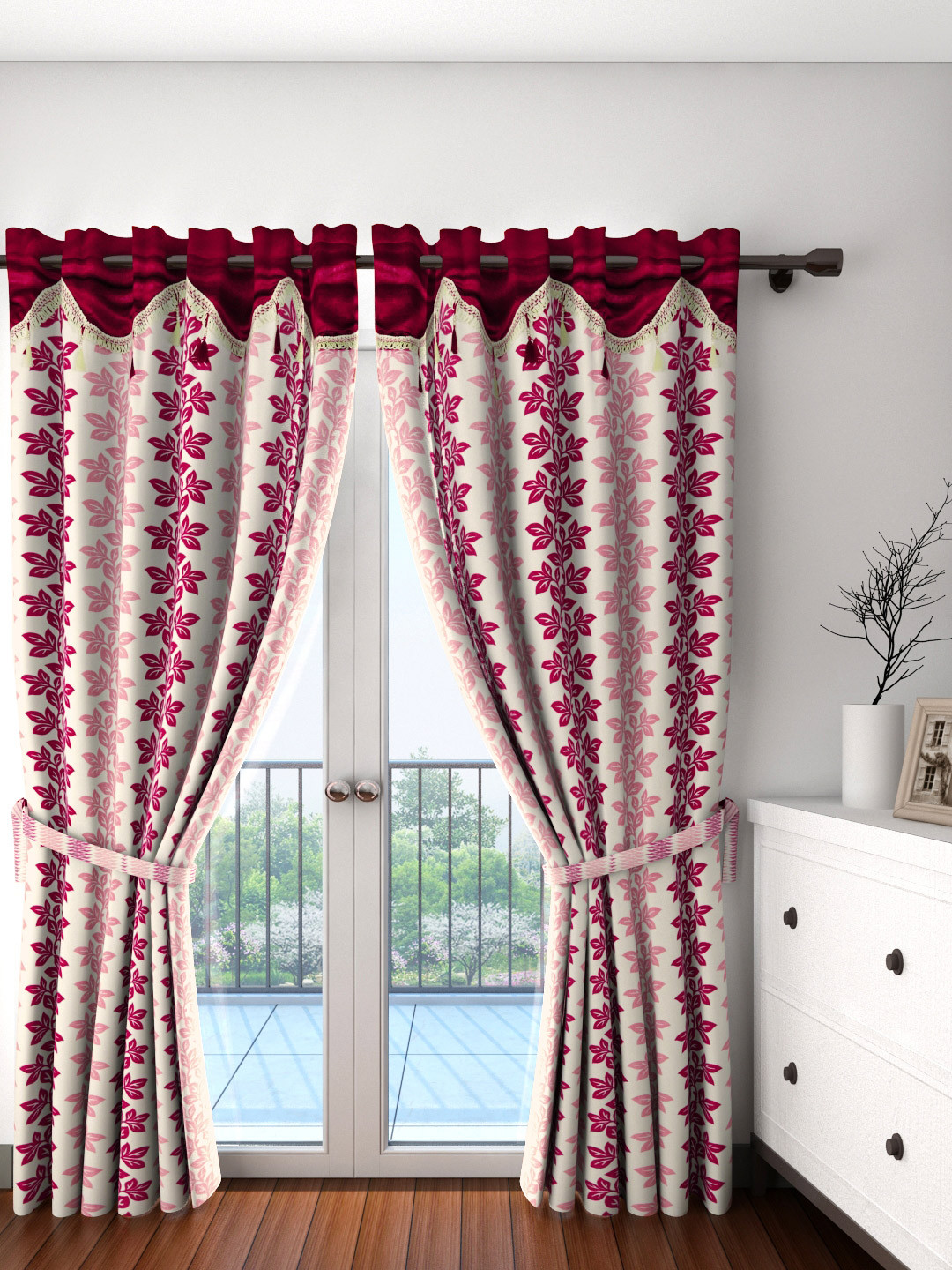 Cortina Set of 2 Off-White & Burgundy Leaf Print Room Darkening Door Curtains