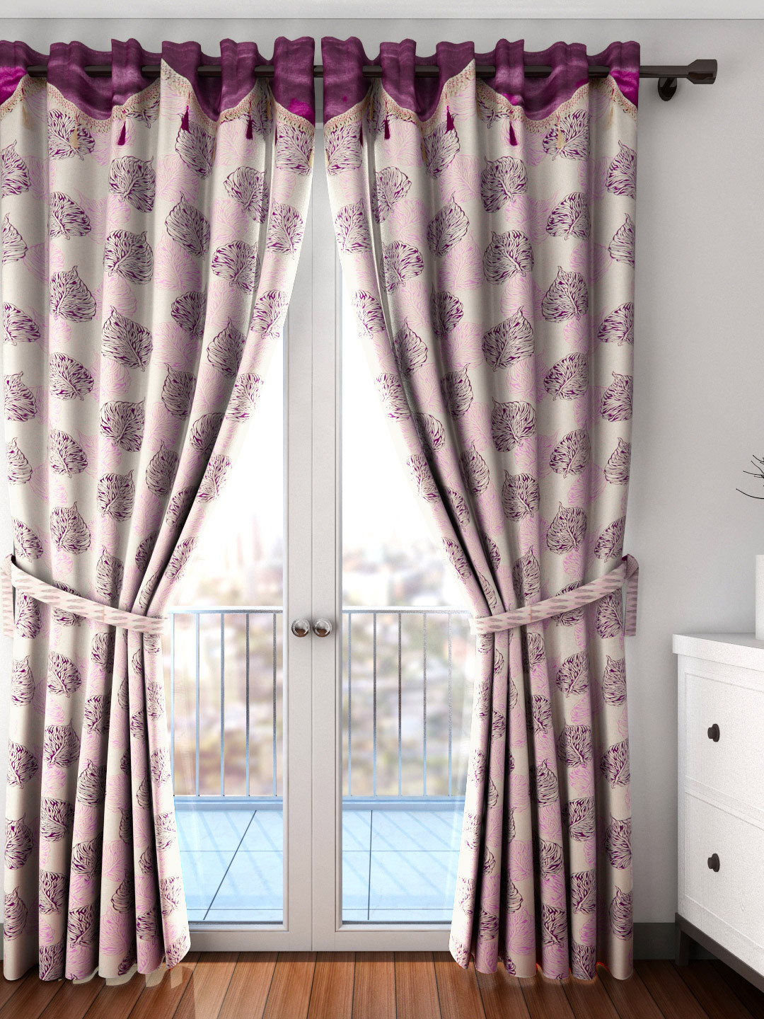 Cortina Set of 2 Off-White & Purple Printed Long Door Curtains