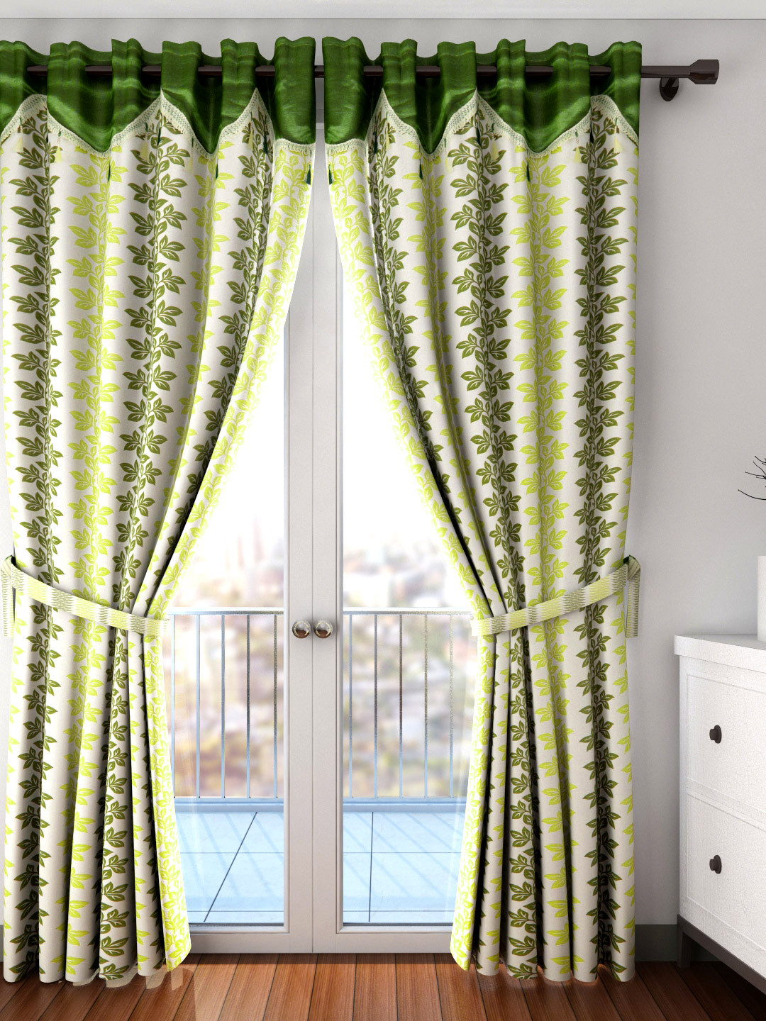 Cortina Off-White & Green Set of 2 Fancy Valance Floral Printed Long Door Curtains