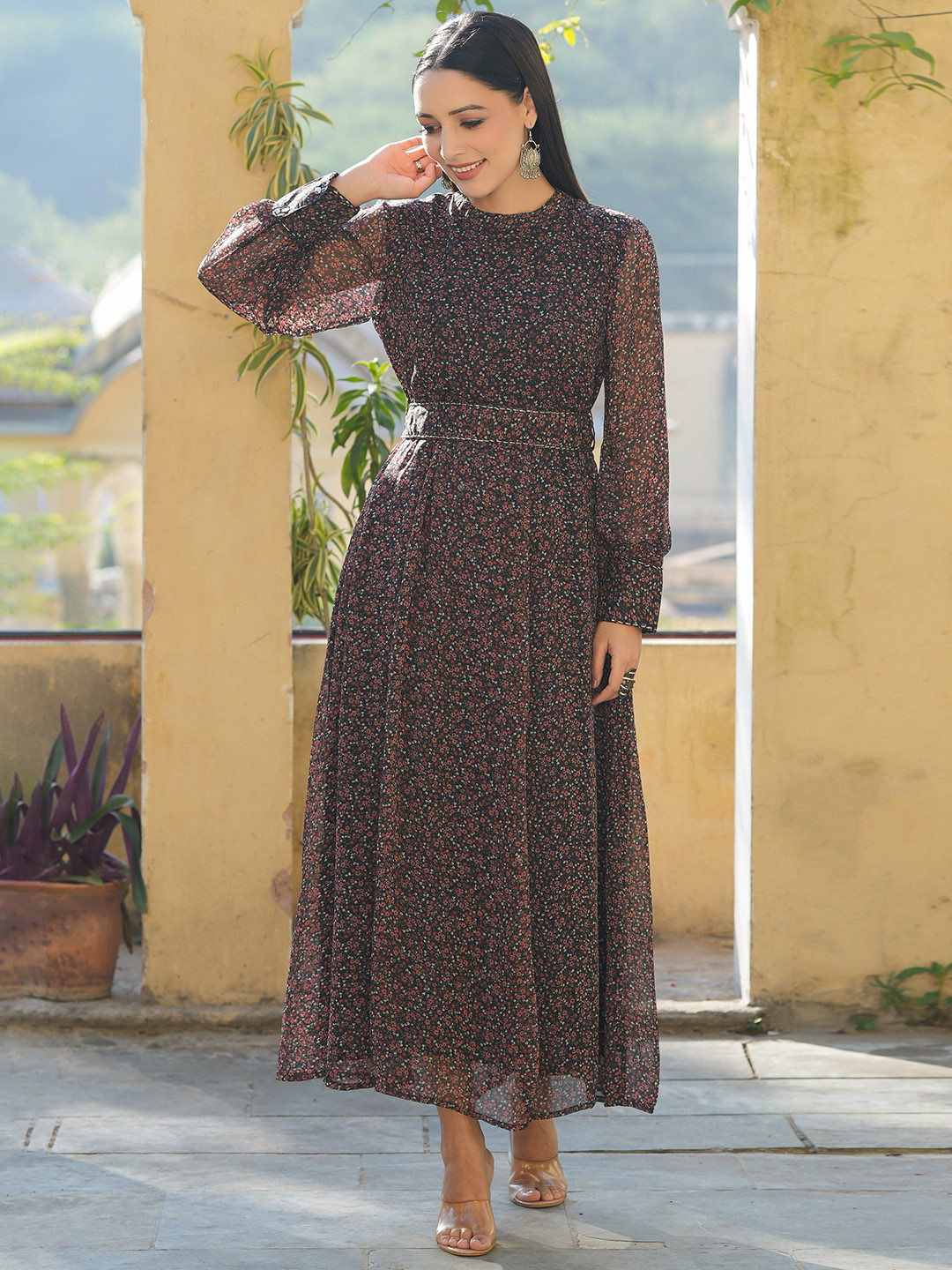 Juniper Black Floral Chiffon Maxi Dress