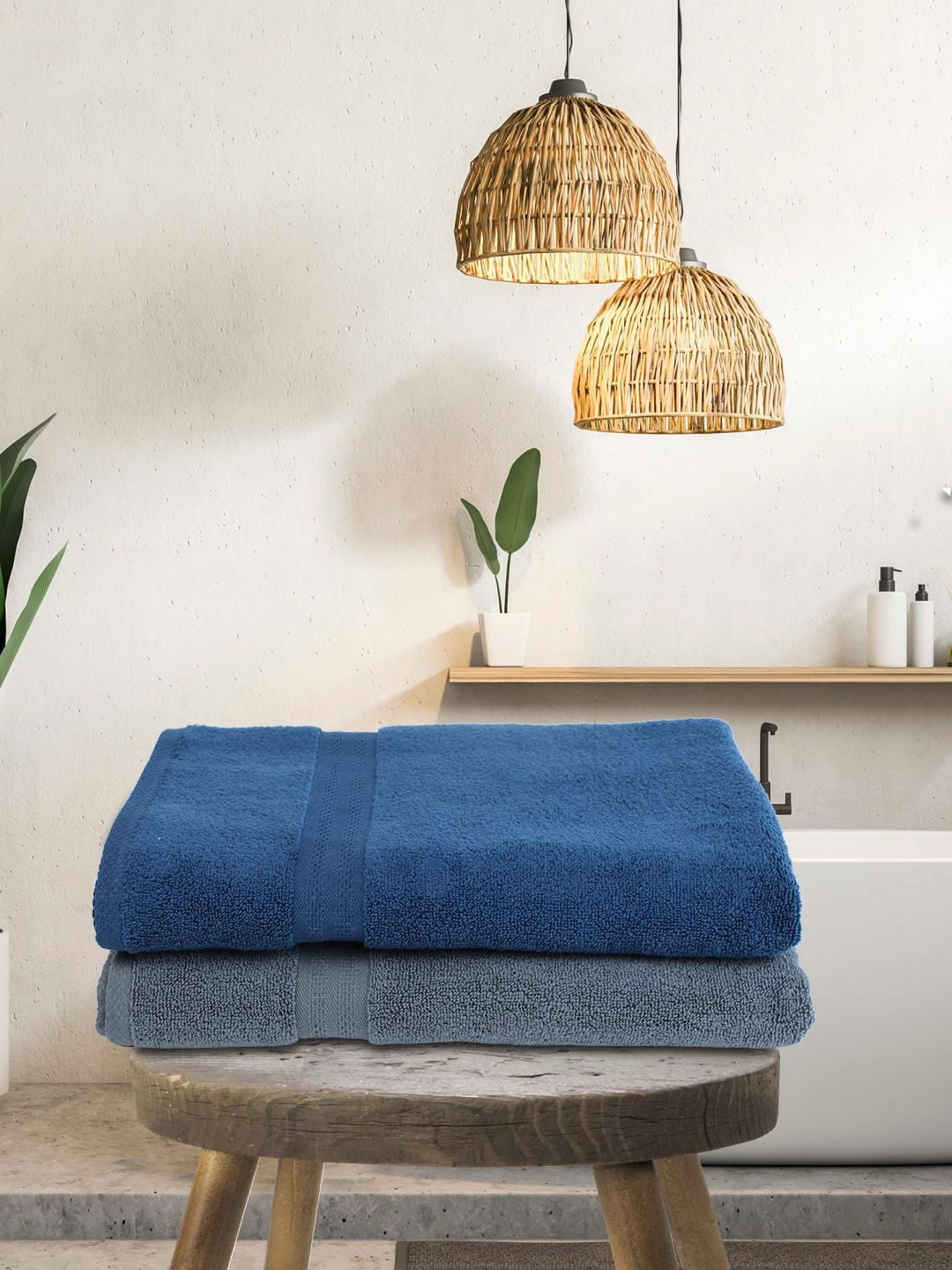 BIANCA Blue & Grey Set of 2 Solid 500 GSM Cotton Bath Towels