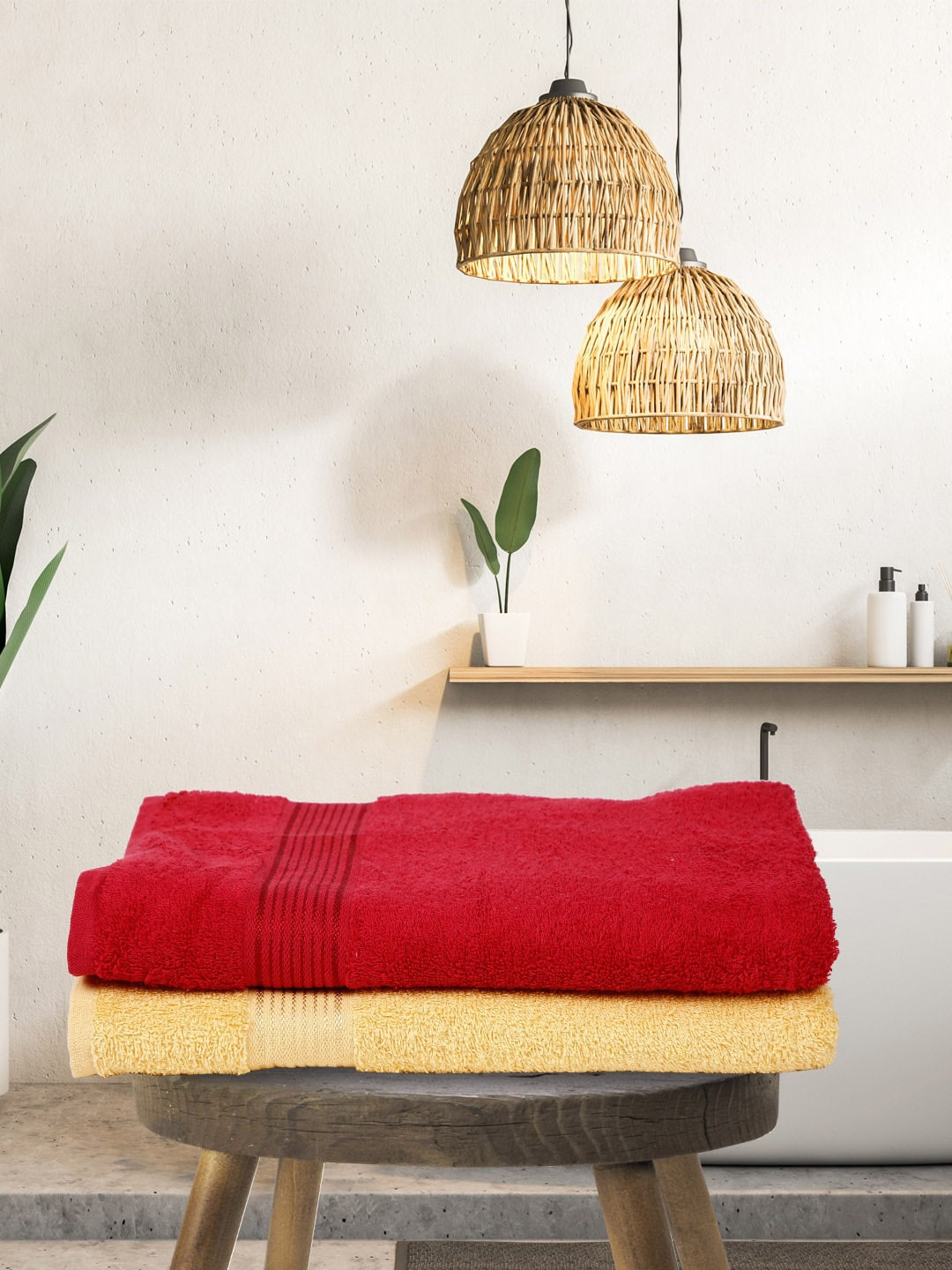 BIANCA Set Of 2 Red & Yellow Solid 380 GSM Pure Cotton Terry Bath Towels