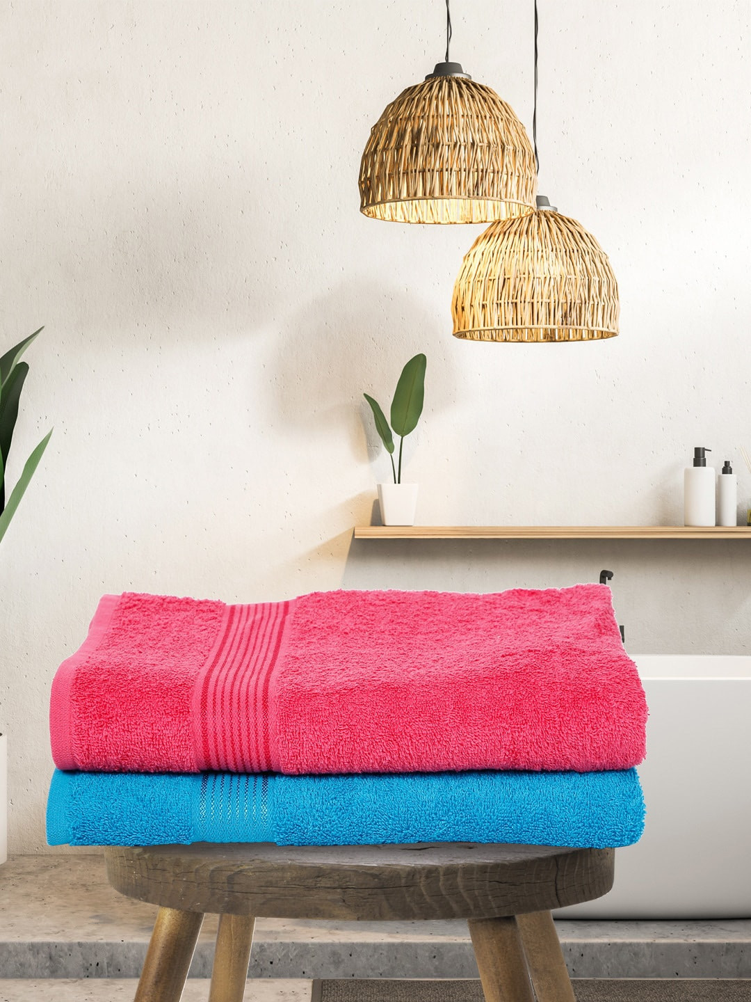 BIANCA Blue & Pink Set of 2 Solid 380 GSM Cotton Bath Towels