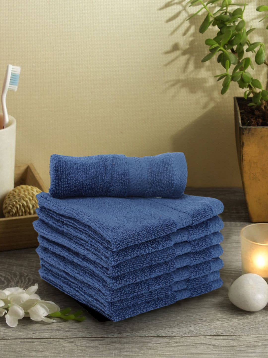 BIANCA Navy Blue Set of 8 Solid 500 GSM Cotton Face Towels