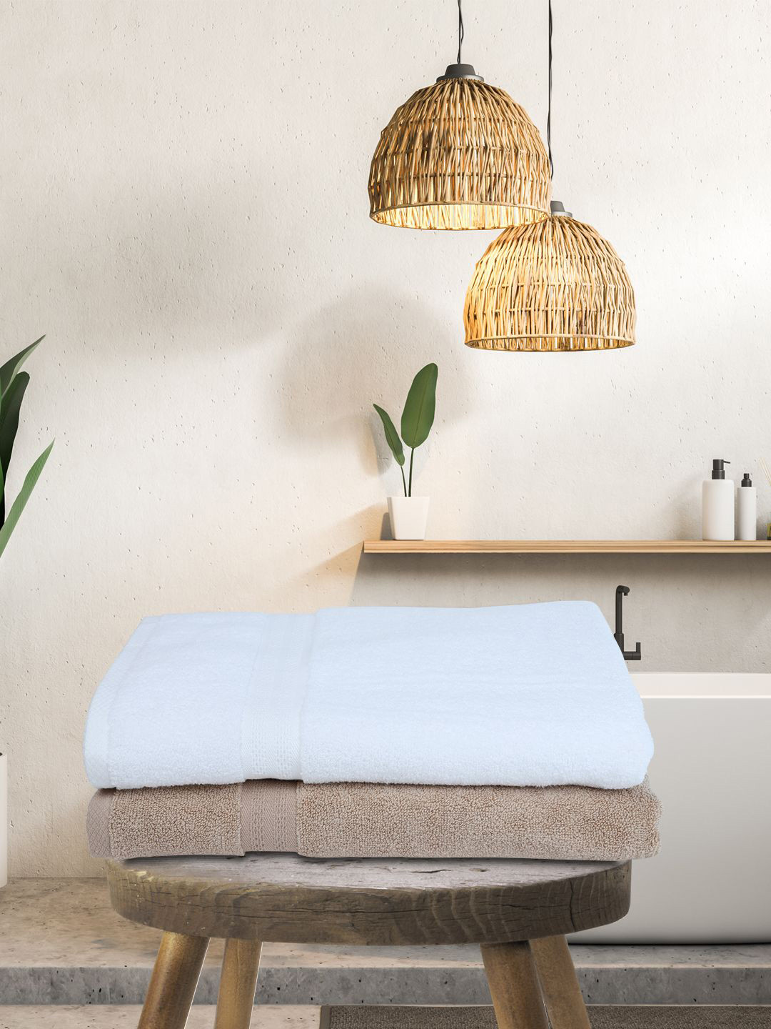 BIANCA White & Beige Set of 2 Solid 500 GSM Cotton Bath Towels