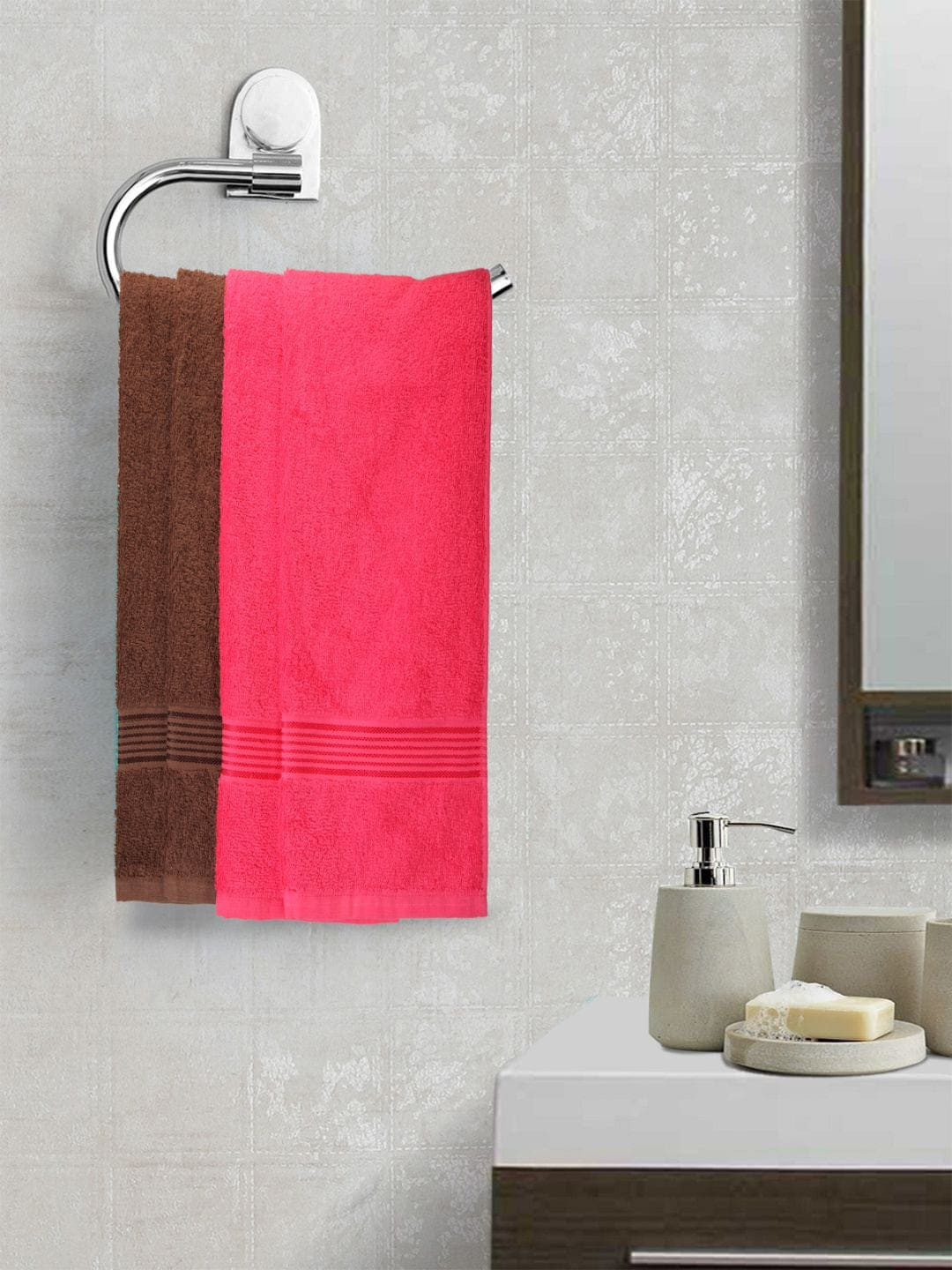 KOPA Pink & Brown Set of 4 Solid 380 GSM Cotton Hand Towels