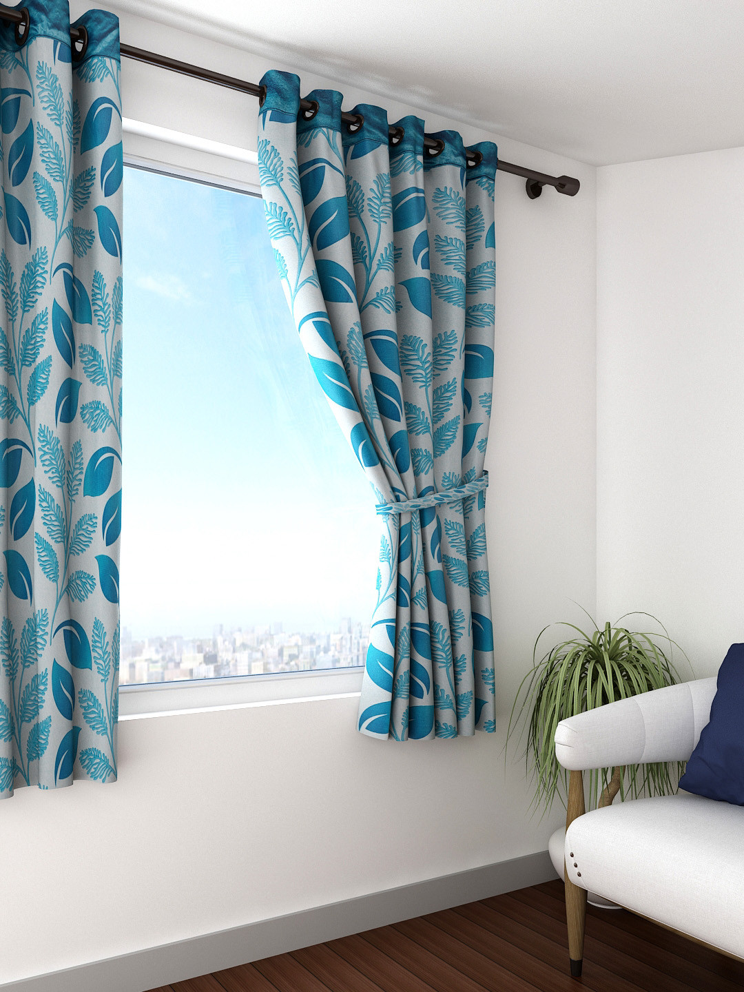 Cortina Blue Single Leaf Print Window Curtain