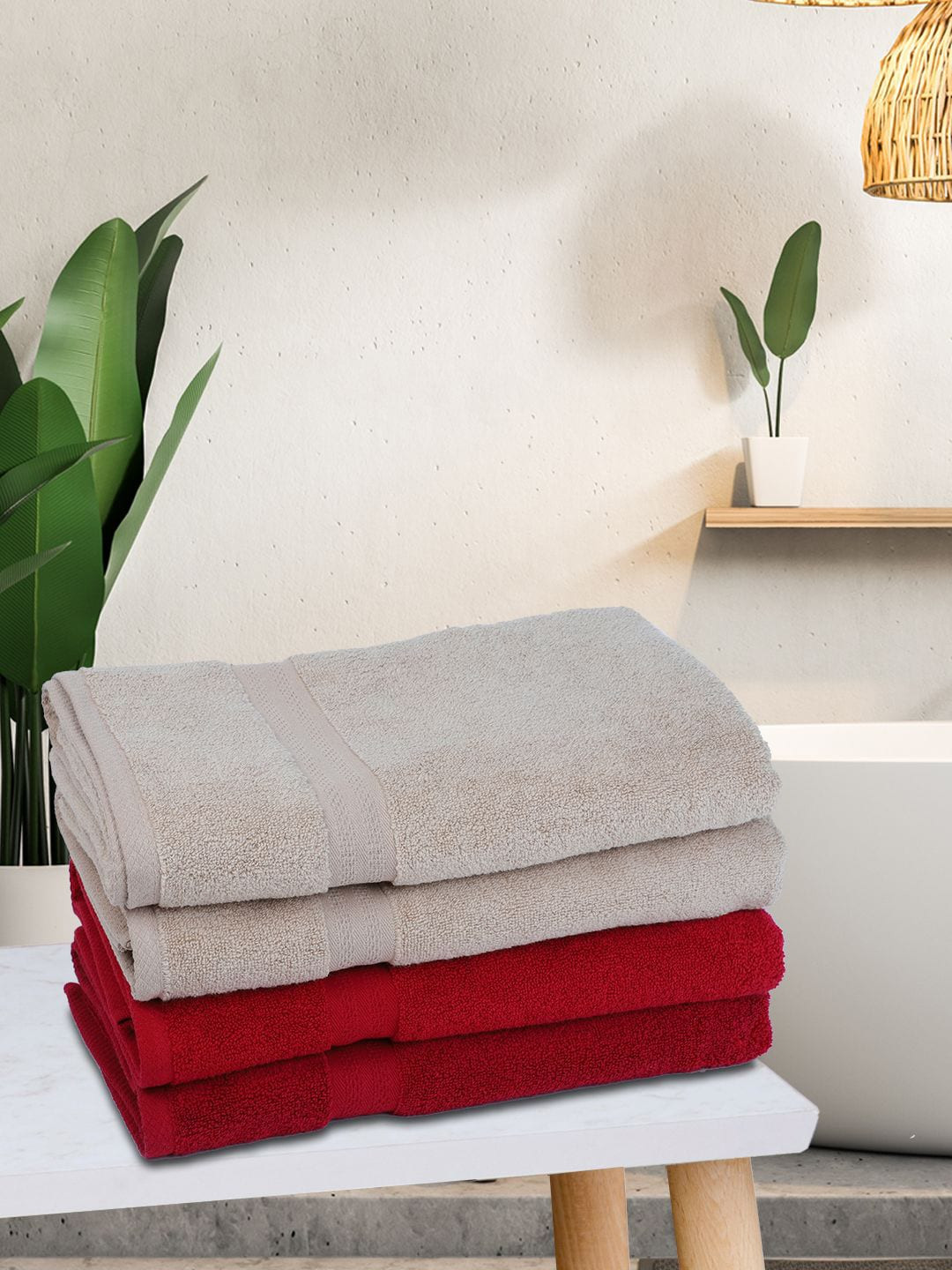 BIANCA Set Of 4 Red & Taupe Solid 380 GSM Pure Cotton Terry Bath Towels