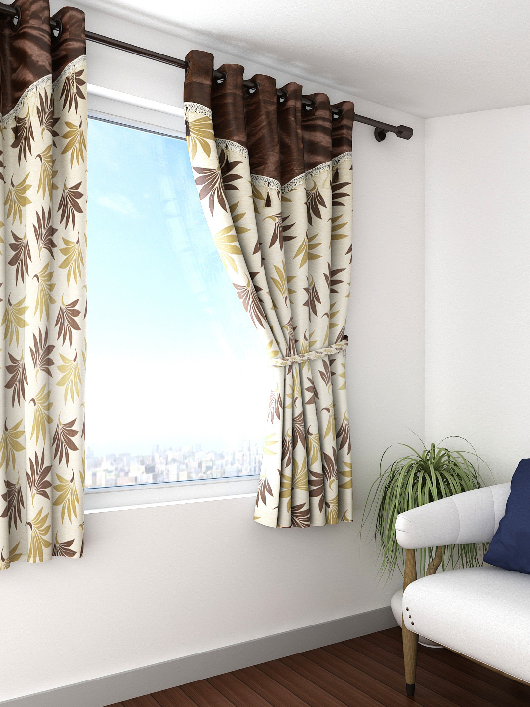 Cortina Beige Single Leaf Print Window Curtain