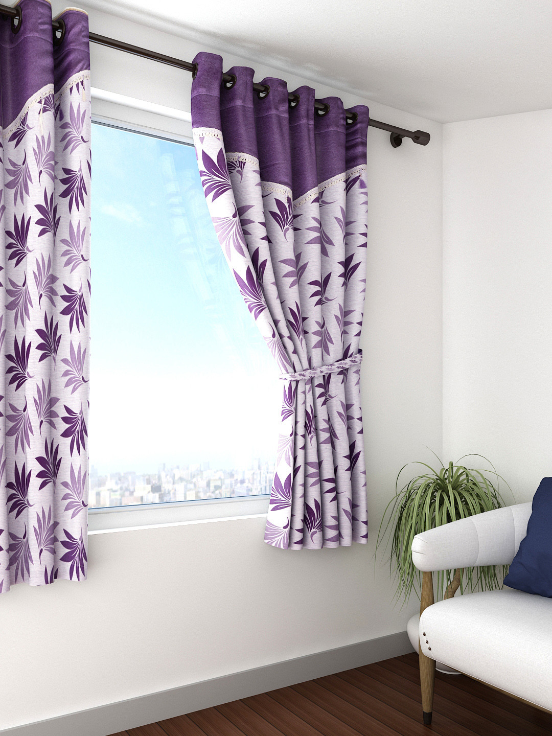 Cortina Purple Single Leaf Print Window Curtain