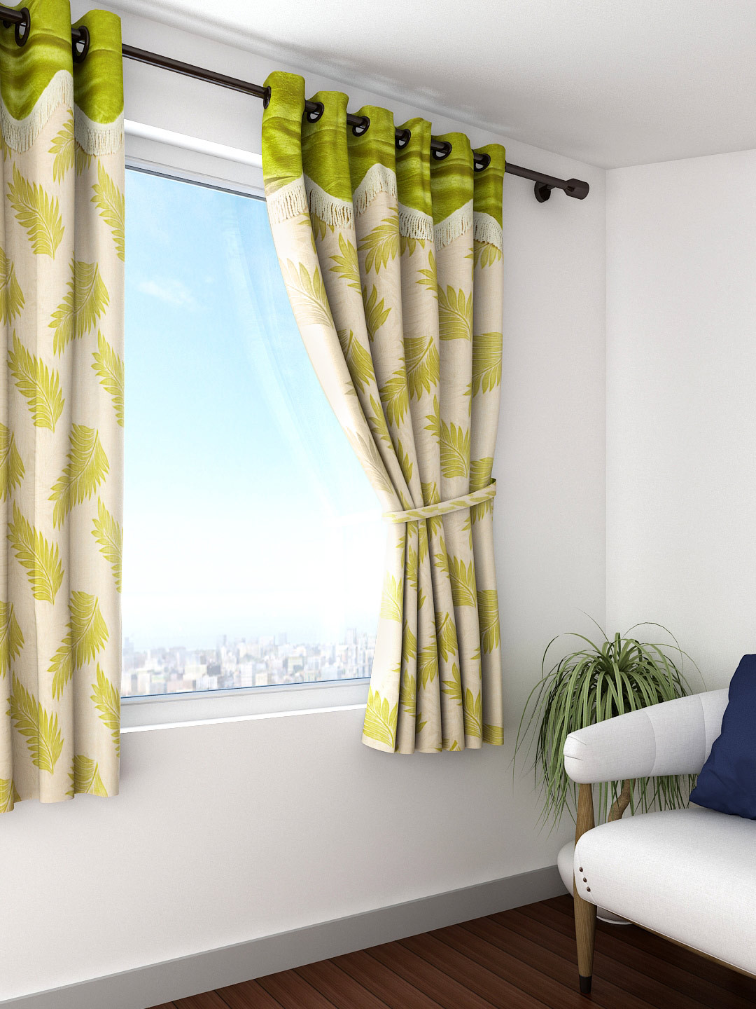 Cortina Green & Beige Single Fancy Valance Floral Printed Window Curtain