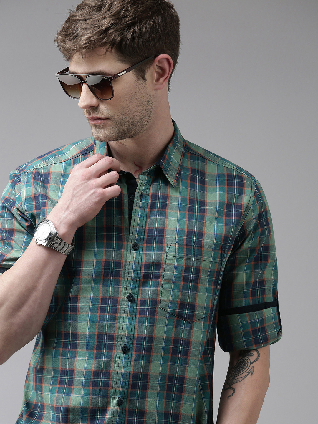 Roadster Men Blue And Teal Tartan Checked Regular Fit Pure Cotton Sustainable Casual Shirt