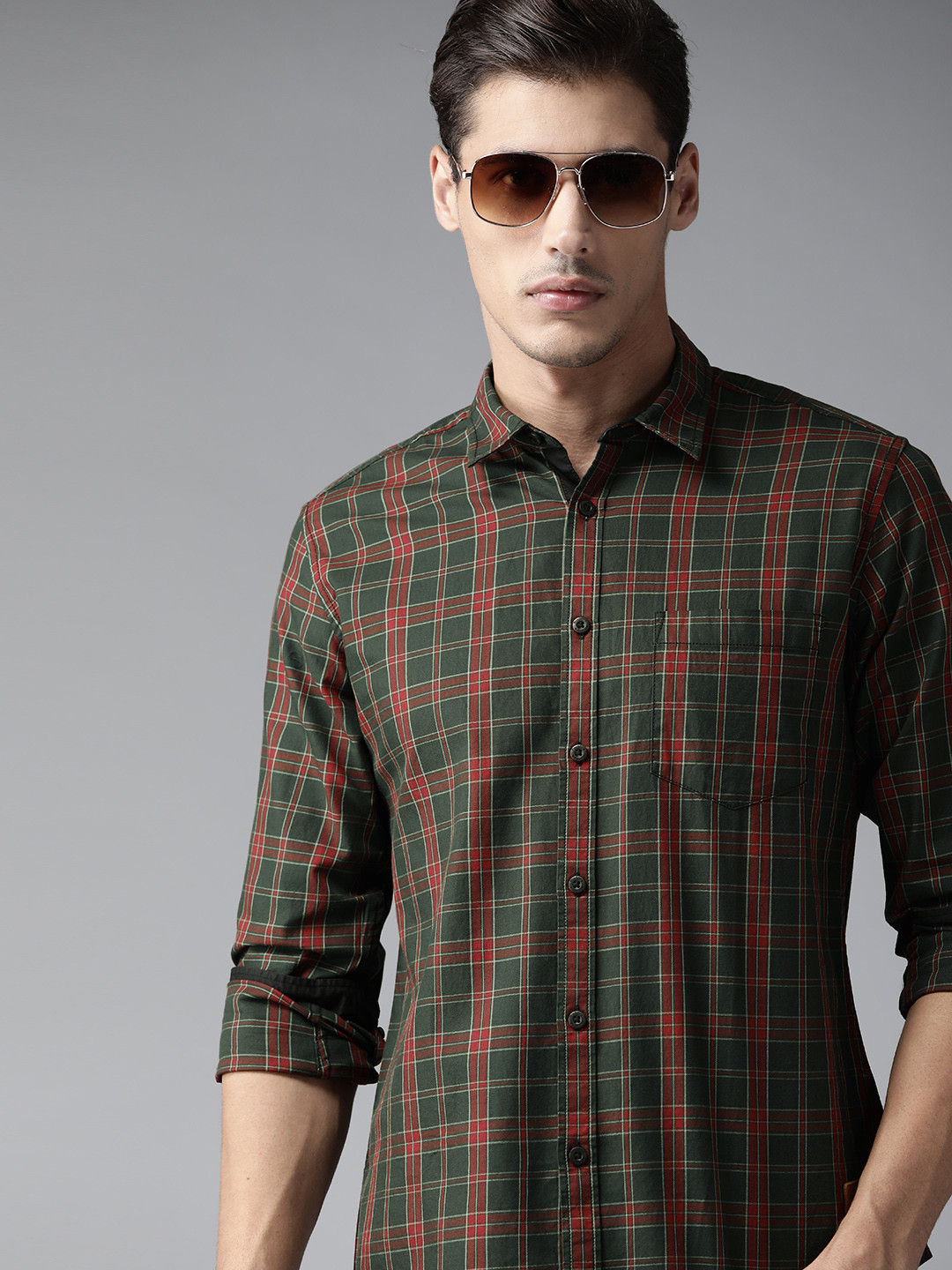 Roadster Men Olive Green & Red Tartan Checks Opaque Cotton Casual Shirt