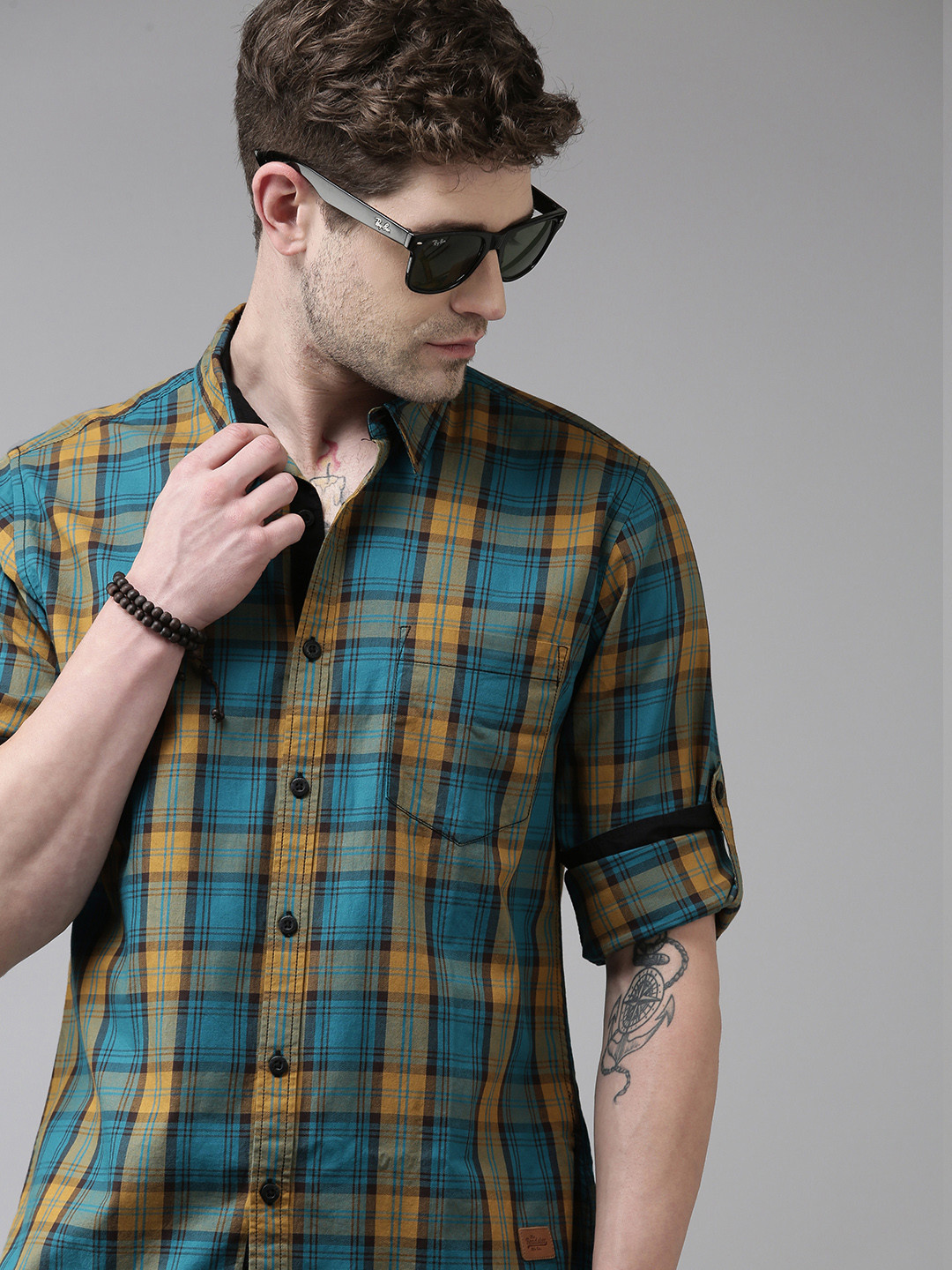 Roadster Men Sky-Blue And Mustard Grid Tattersall Checked Pure Cotton Casual Shirt