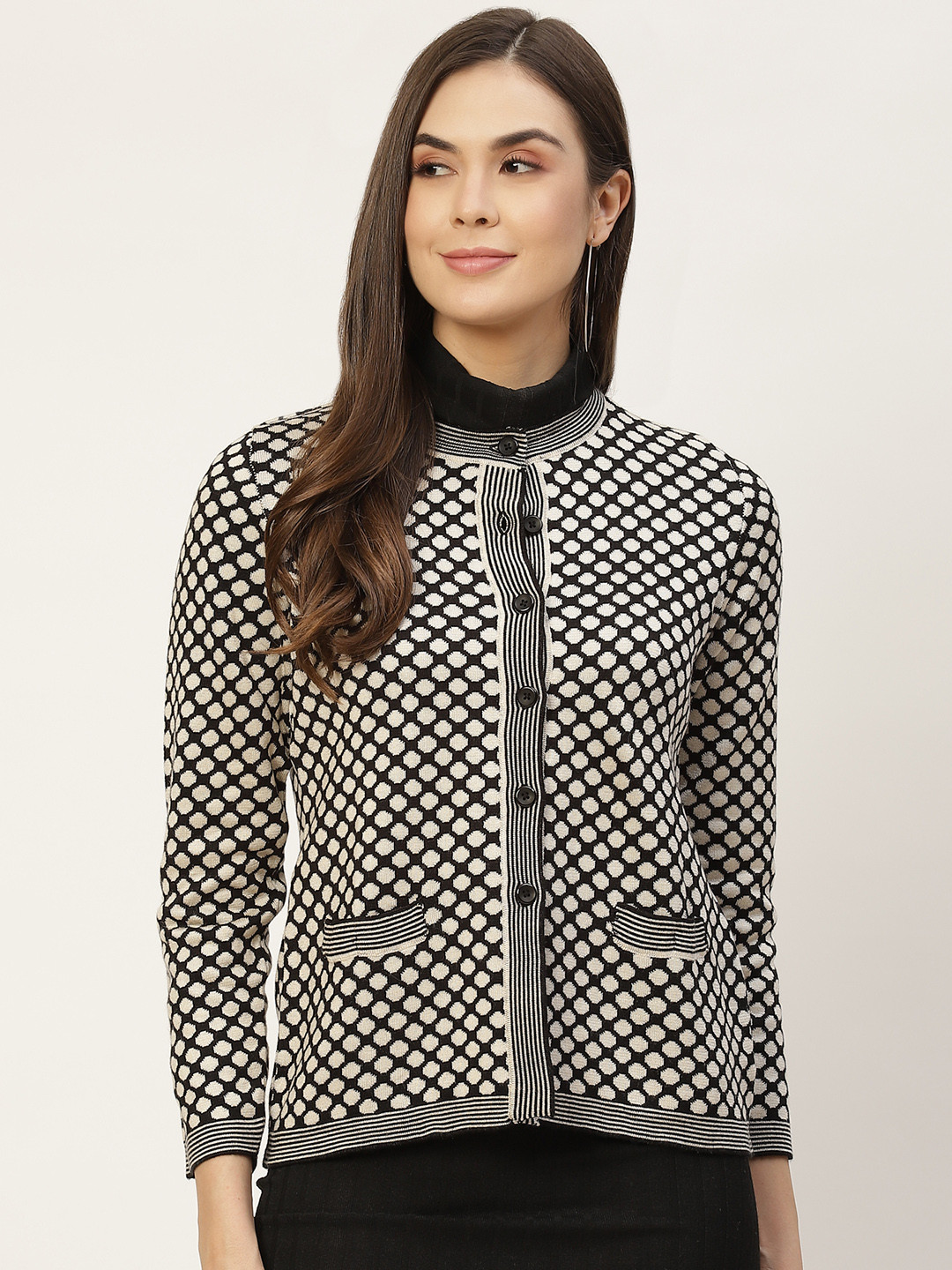 APSLEY Women Black & Off White Printed Cardigan