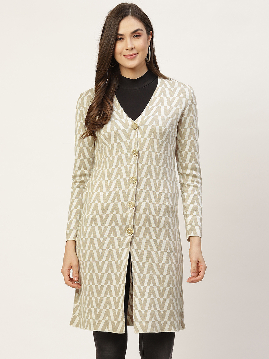 APSLEY Women Camel Brown & Off White Printed Longline Cardigan