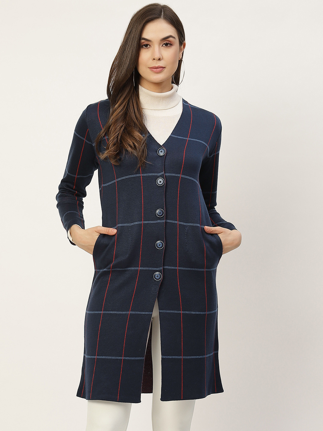 APSLEY Women Navy Blue & Red Checked Cardigan