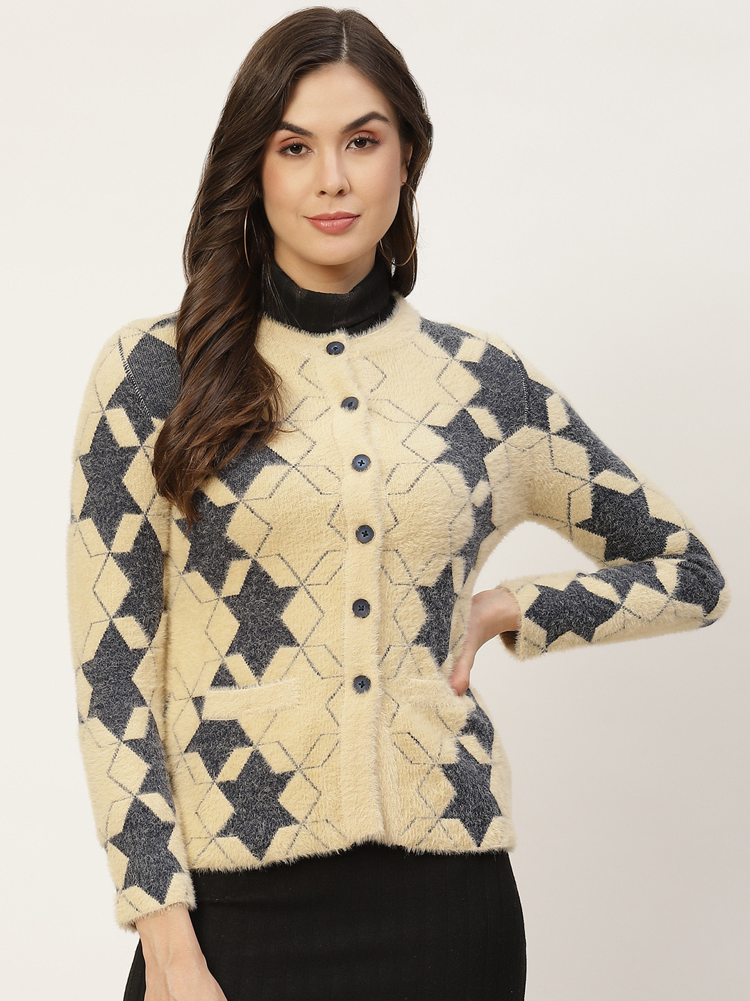 APSLEY Women Yellow & Charcoal Grey Self-Design Fuzzy Cardigan