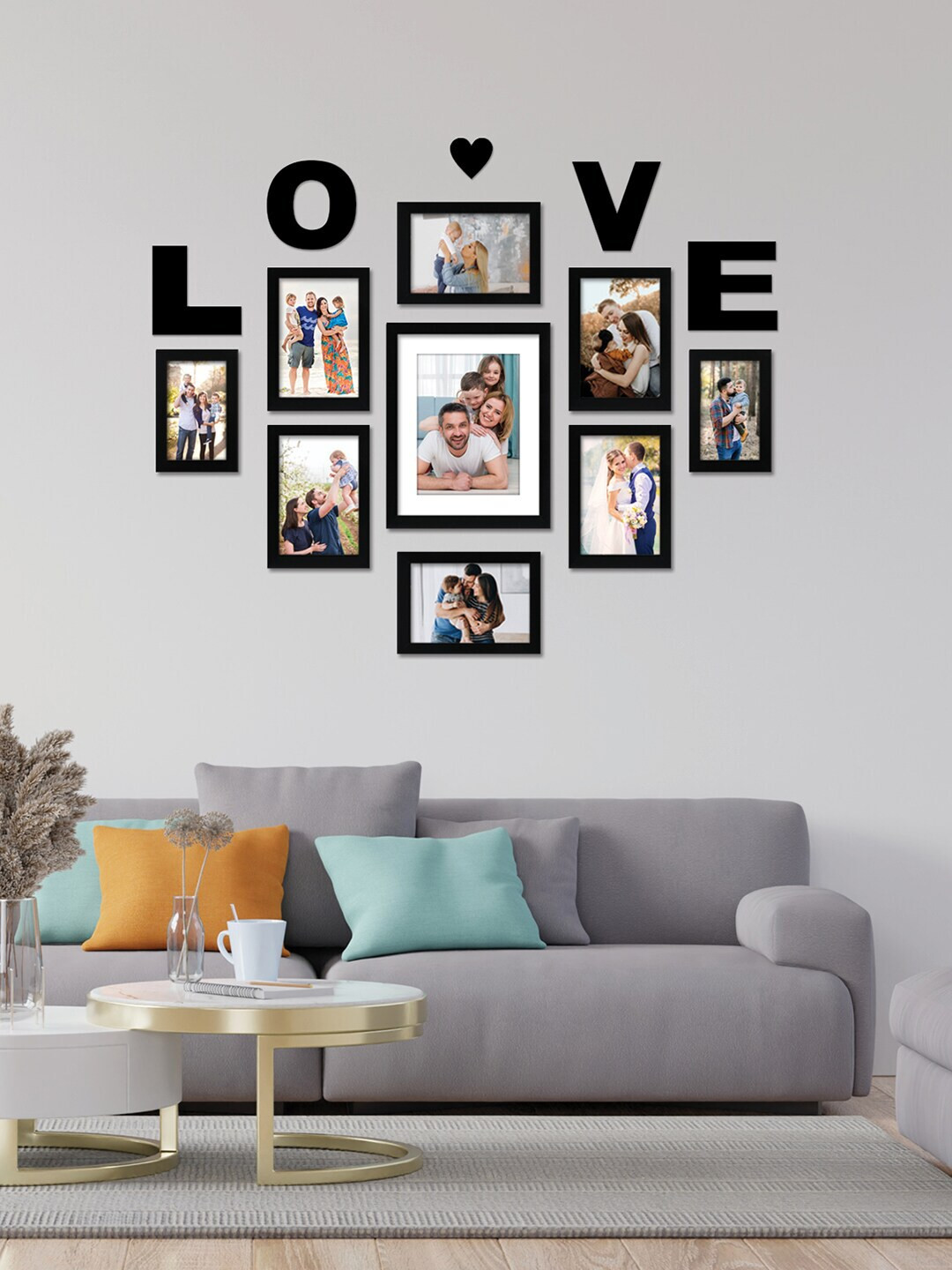 RANDOM Set Of 9 Black Individual Photo Frames With Love & Heart Plaque