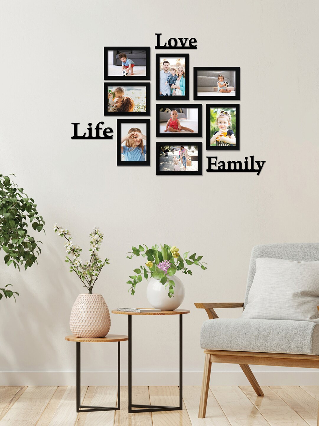 RANDOM Set Of 8 Black Solid Individual Photo Frames With Love,Life & Family Plaque