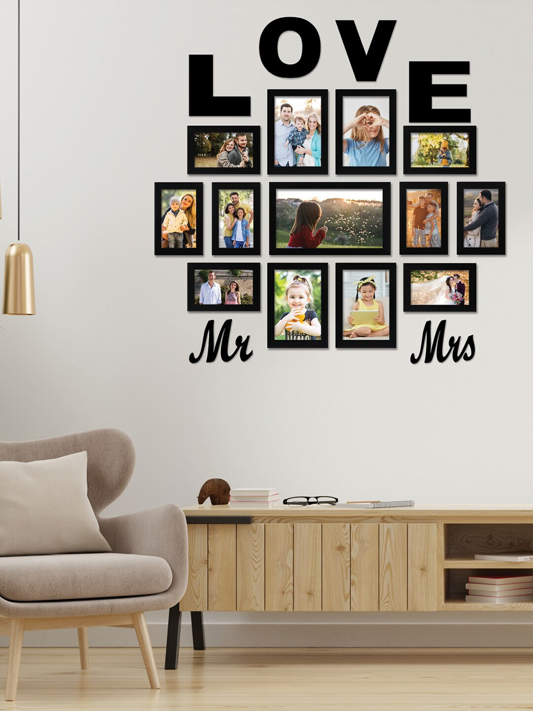RANDOM Set of 13 Black Solid Individual Photo Frames With Love & Mr,Mrs Plaque
