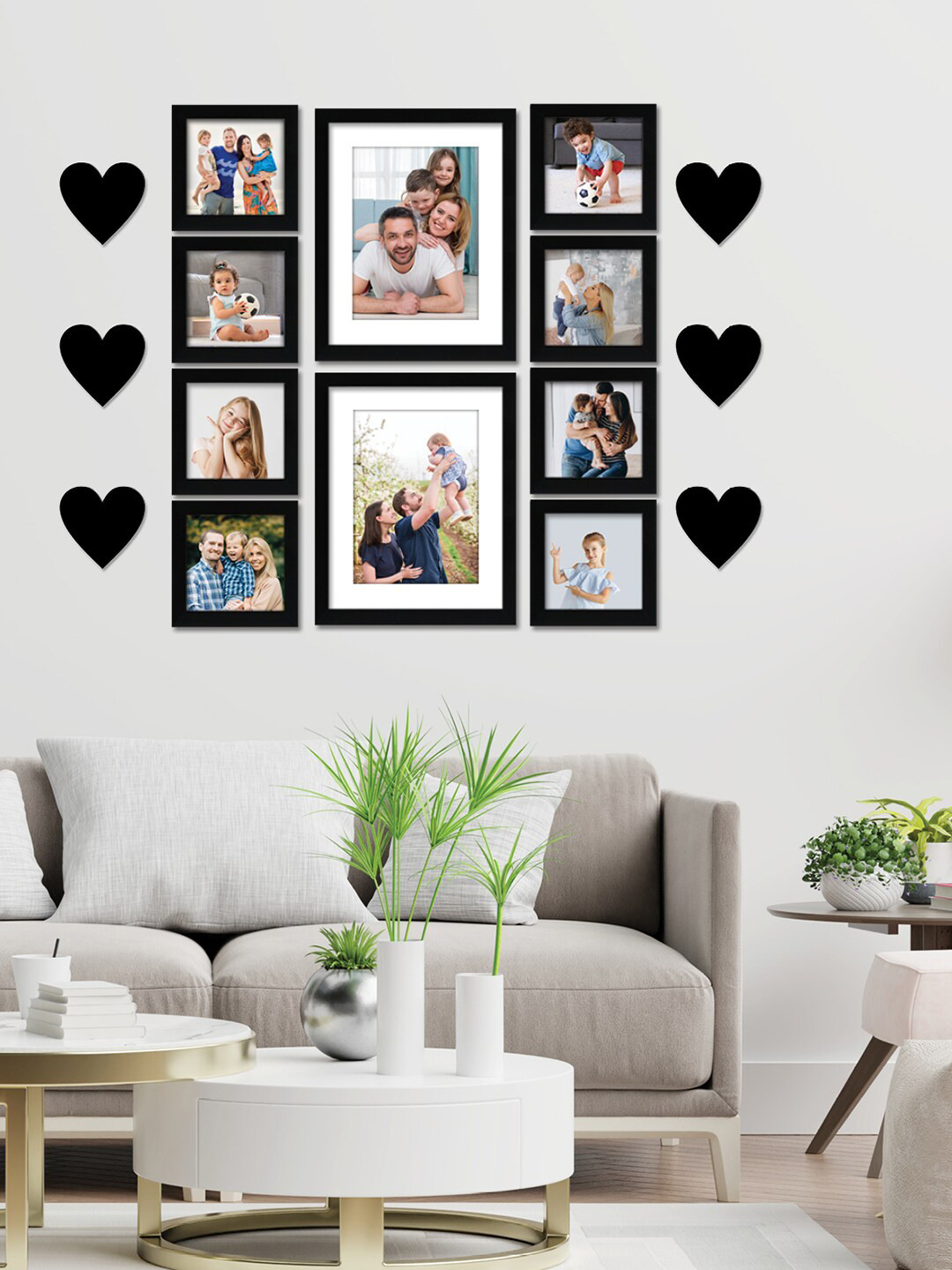 RANDOM Set Of 10 Black Solid Individual Wall Photo Frames With Heart Plaques