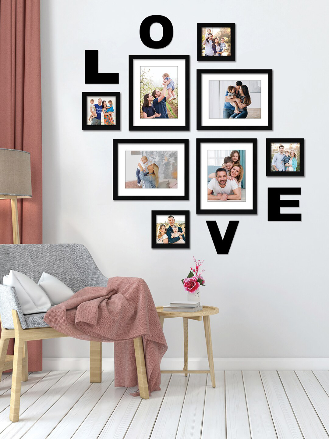 RANDOM Set Of 8 Black Individual Photo Frames With LOVE Plaque