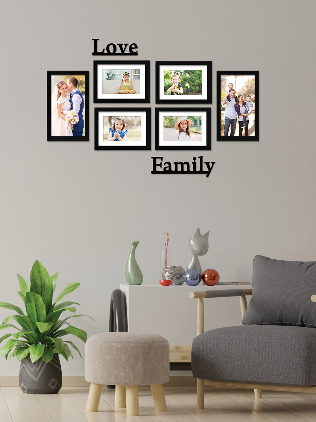 RANDOM Set Of 6 Black Individual Photo Frames With Love & Family Plaque