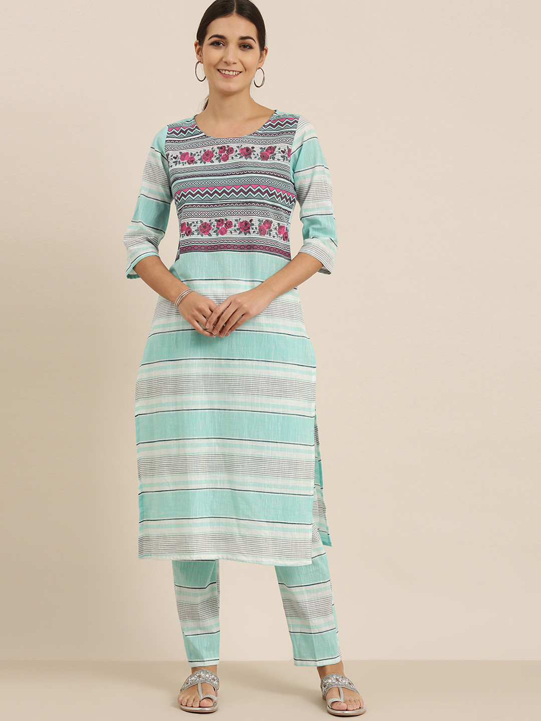 Vishudh Women Cream & Turquoise Blue Striped Pure Cotton Kurta with Trousers