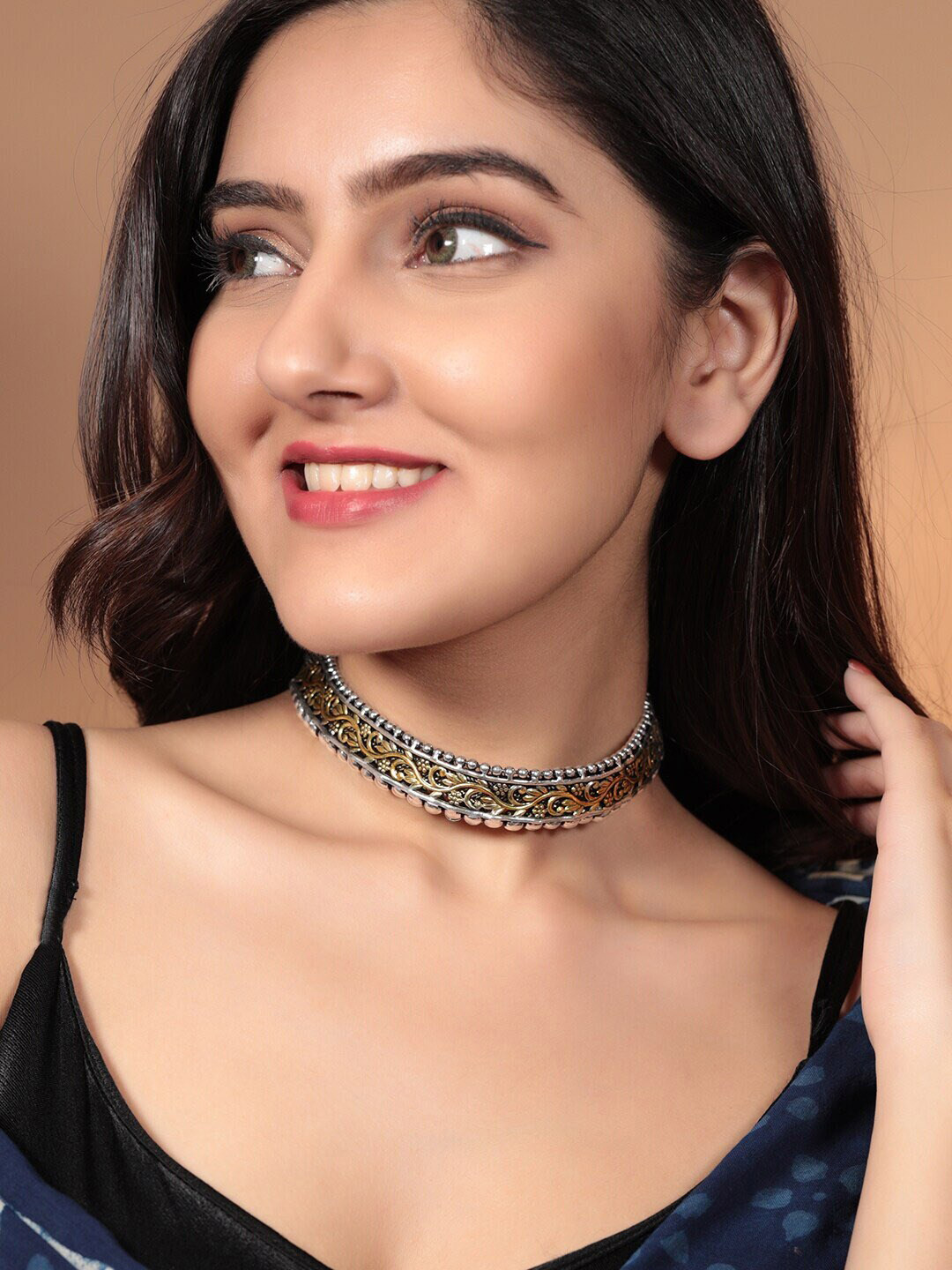 Rubans Handcrafted Oxidised Dual Tone Gold & Silver Plated Floral Design Choker Necklace