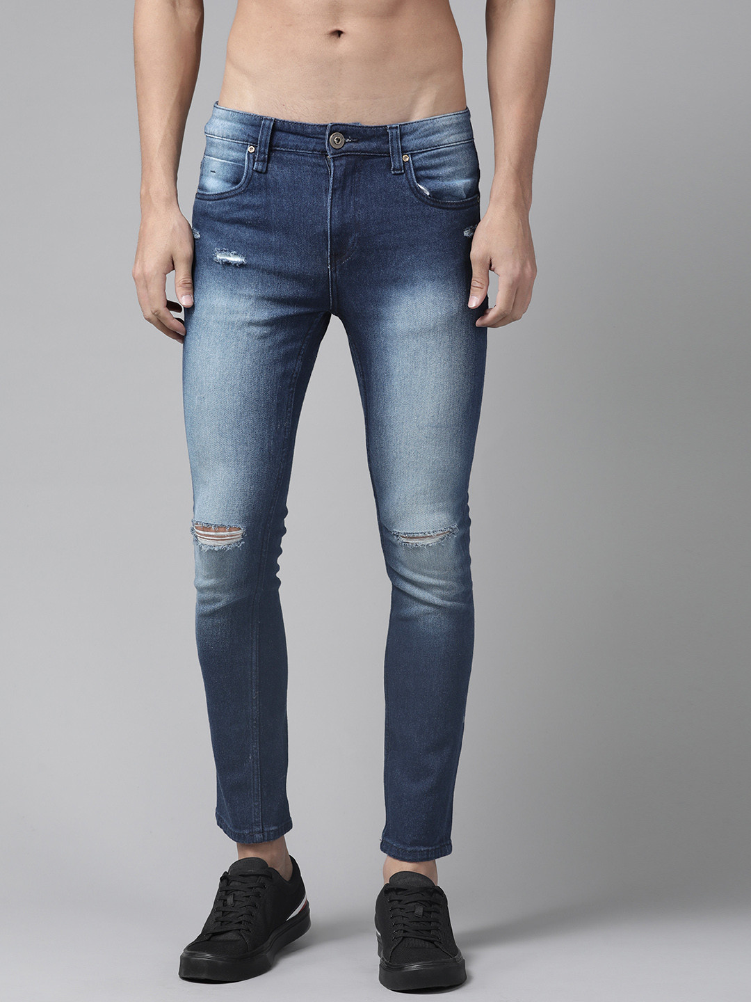 Roadster Men Navy Blue Slash Knee Skinny Fit Heavy Fade Stretchable Jeans