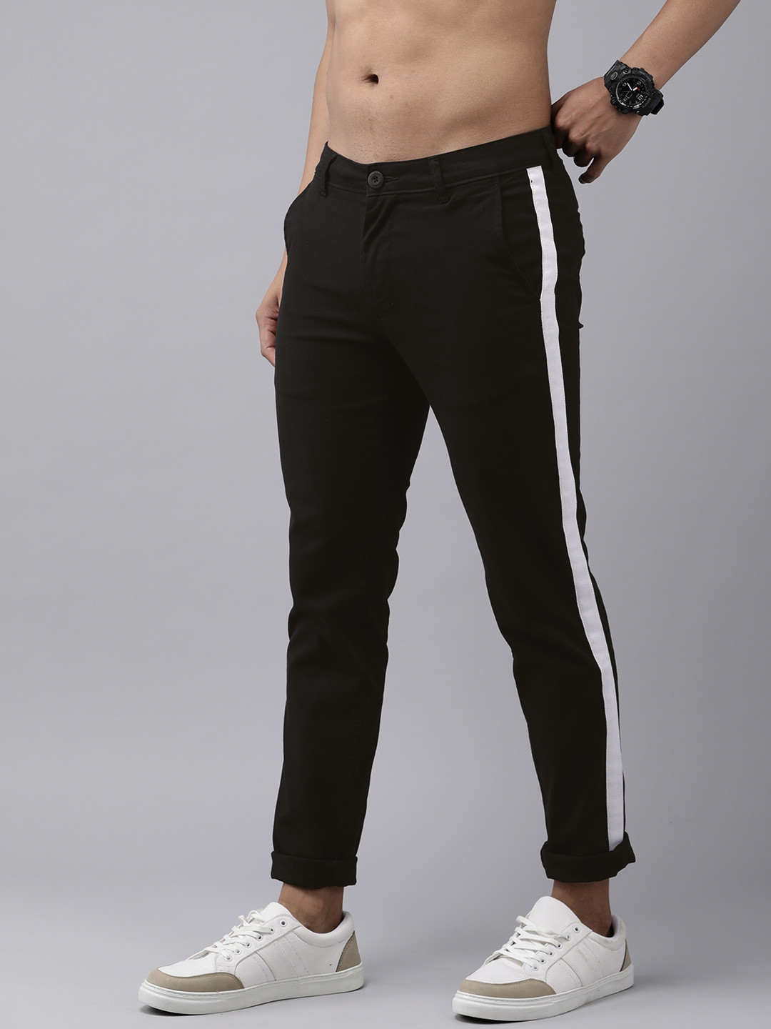 Roadster Men Black Trousers with Side Stripe