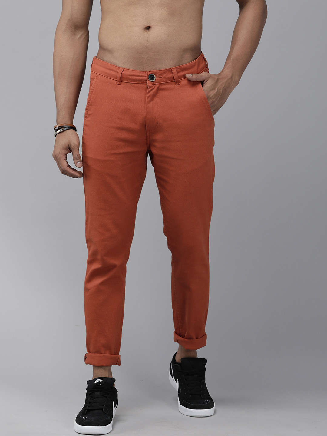 Roadster Men Rust Solid Slim Fit Trousers