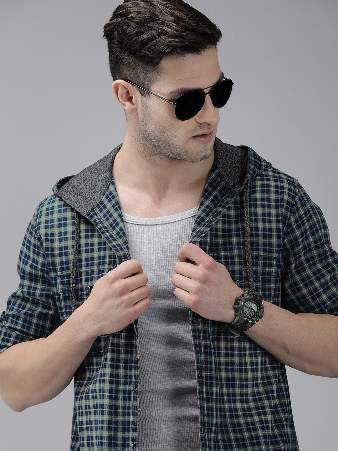 Roadster Men Blue Checked Hooded Casual Shirt