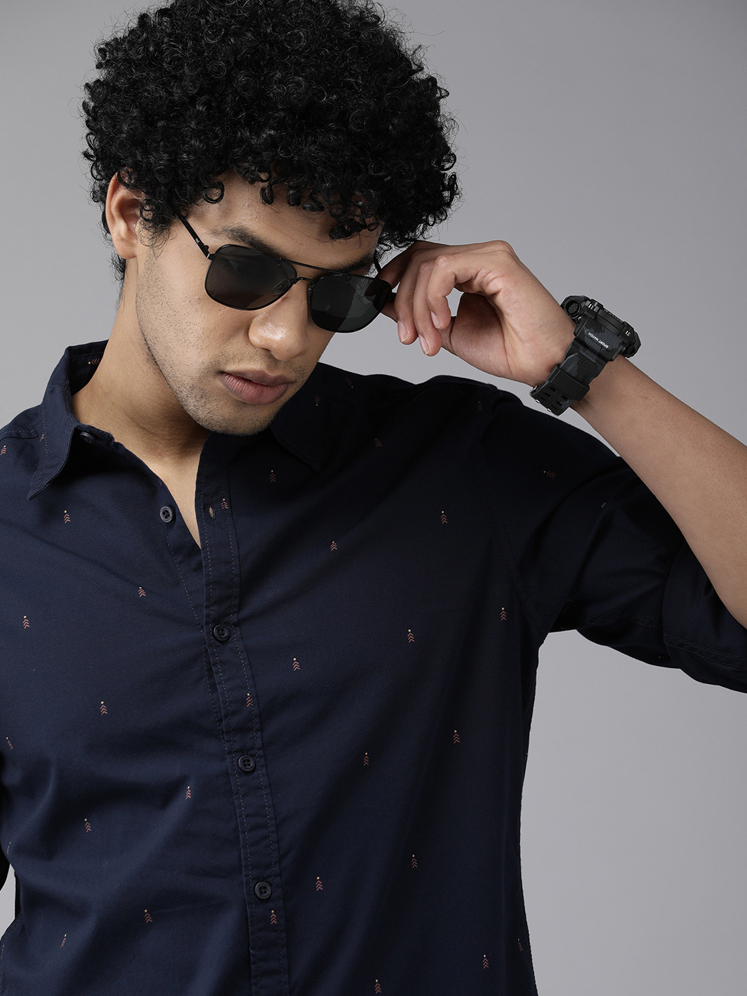 Roadster Men Navy Blue Opaque Printed Casual Shirt