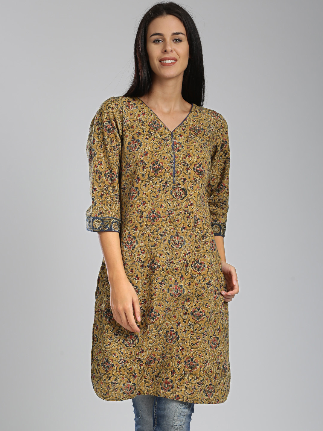 Trendy Fabindia Kalamkari Kurtis Fabindia Mustard Yellow Kalamkari