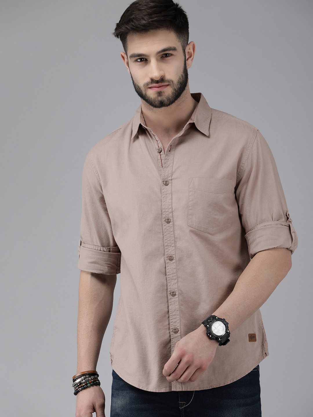 Roadster Men Beige Solid Casual Cotton Shirt