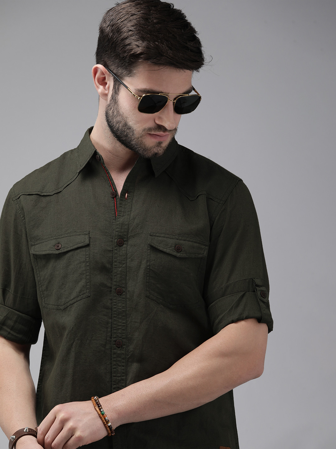 Roadster Men Green Solid Cotton Linen Casual Shirt With Flap Pockets
