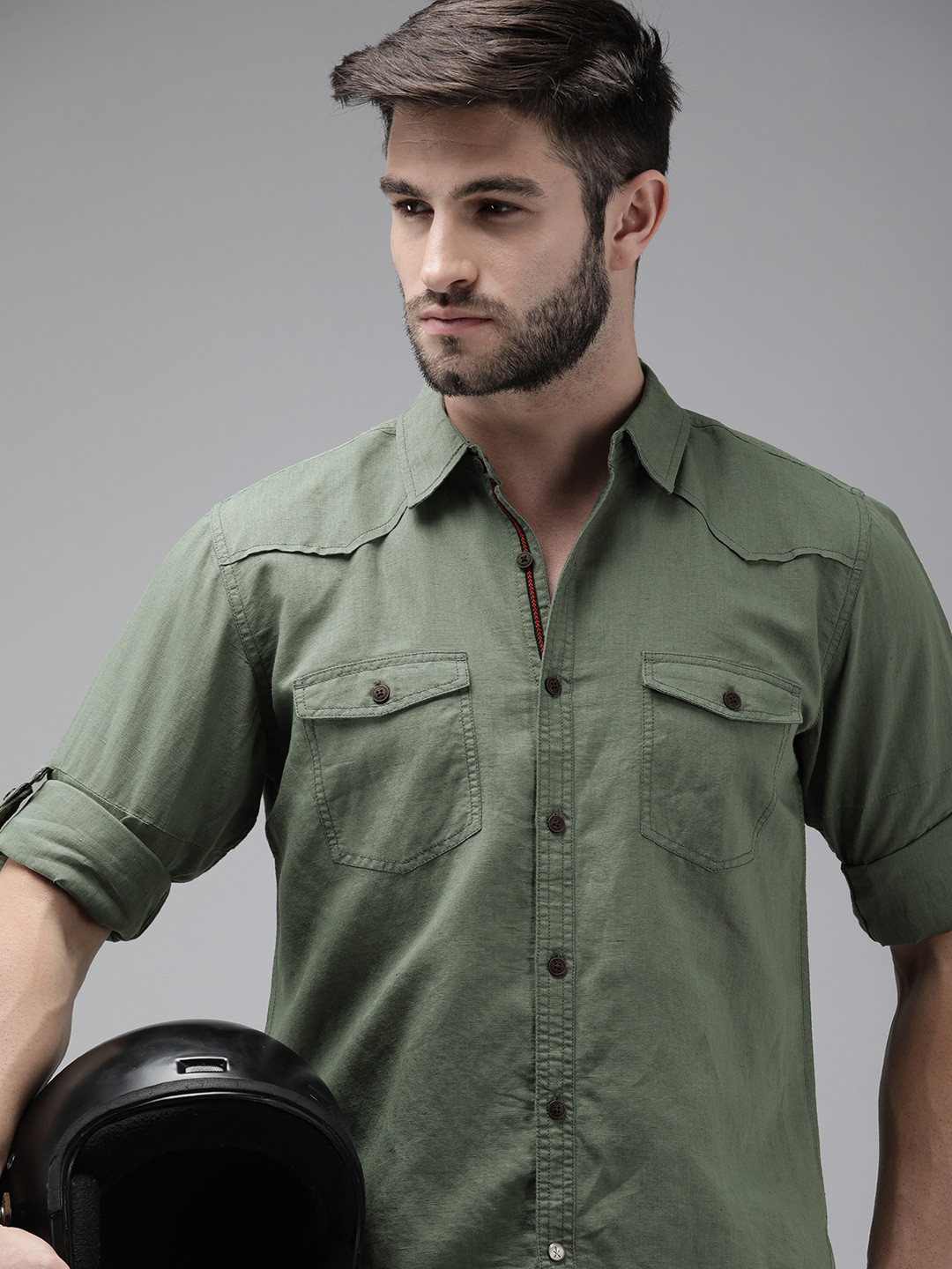 Roadster Men Green Solid Cotton Linen Casual Shirt With Flap Pockets