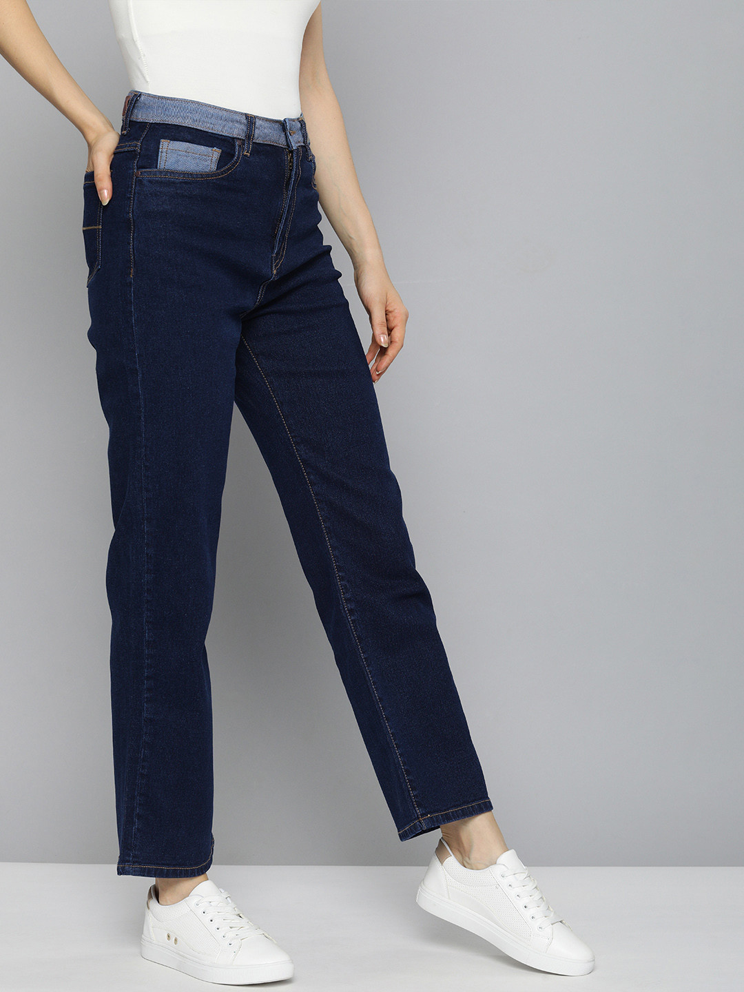 Mast & Harbour Women Navy Blue Straight Fit Wide Leg High-Rise Stretchable Jeans