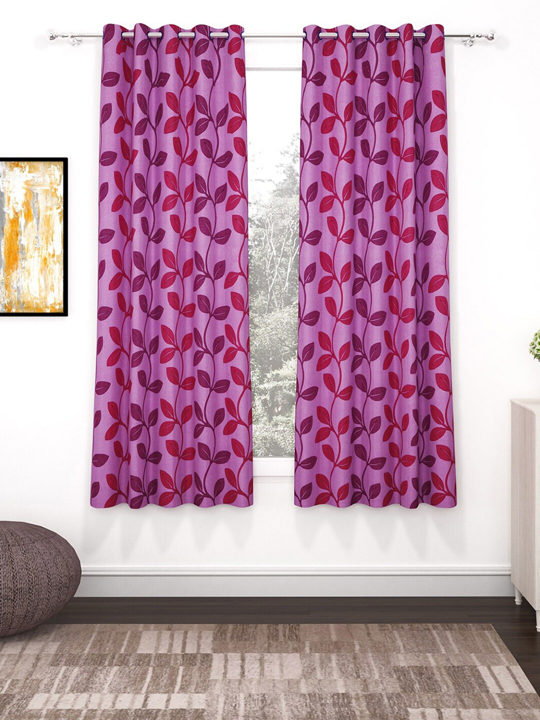 Bedspun Purple & Maroon Set of 2 Printed Polyester Eyelet Ringtop Window Curtains