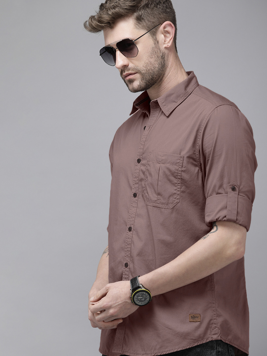 Roadster Men Brown Solid Opaque  Cotton Casual Shirt