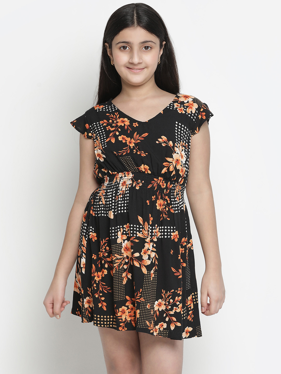 Oxolloxo Black & Orange Floral Crepe Dress