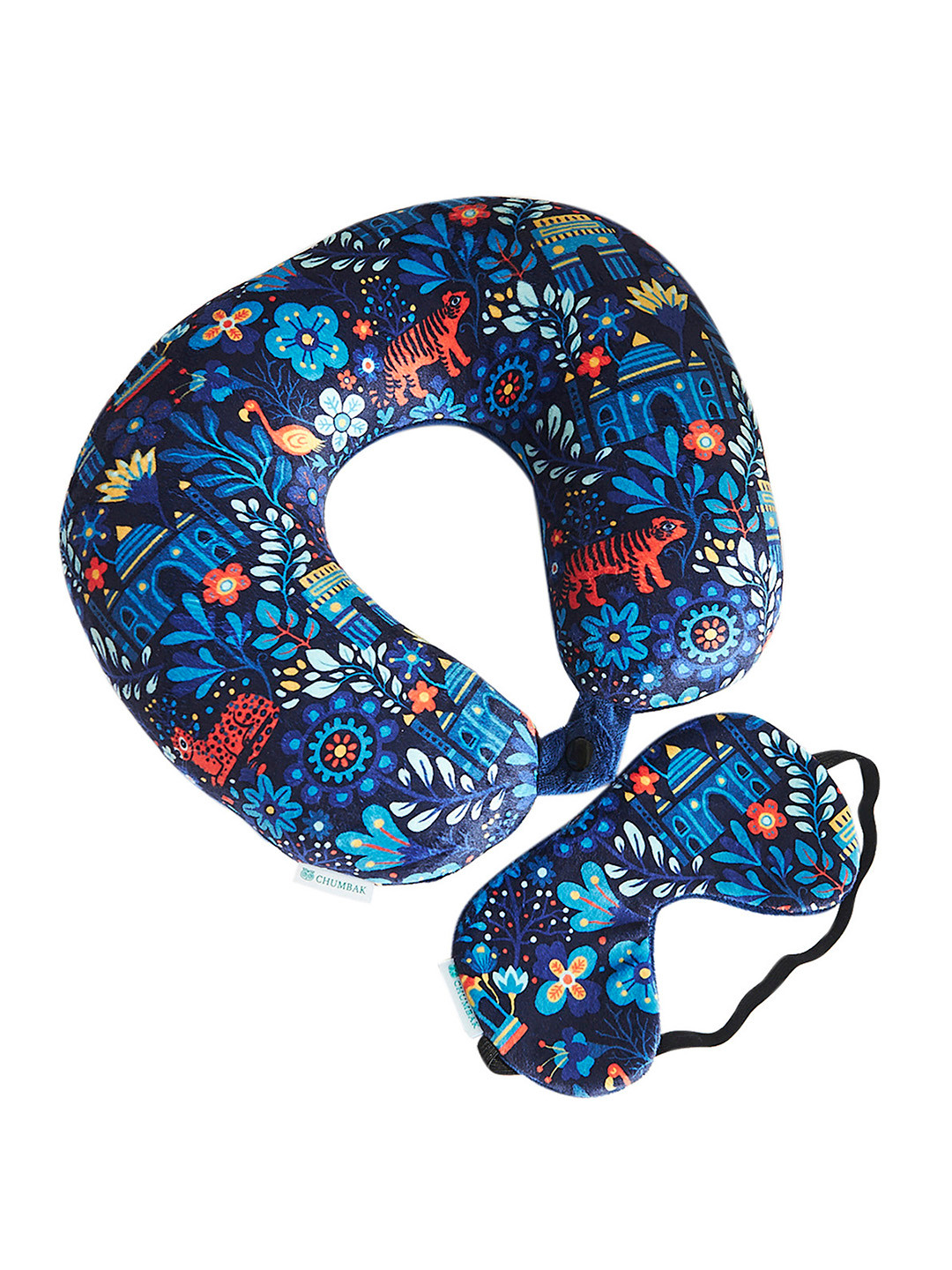 Chumbak Midnight Jungle Blue Floral Polyester Firm Polyester Travel Pillow with Eye Mask-9 x 30 x 30 cm