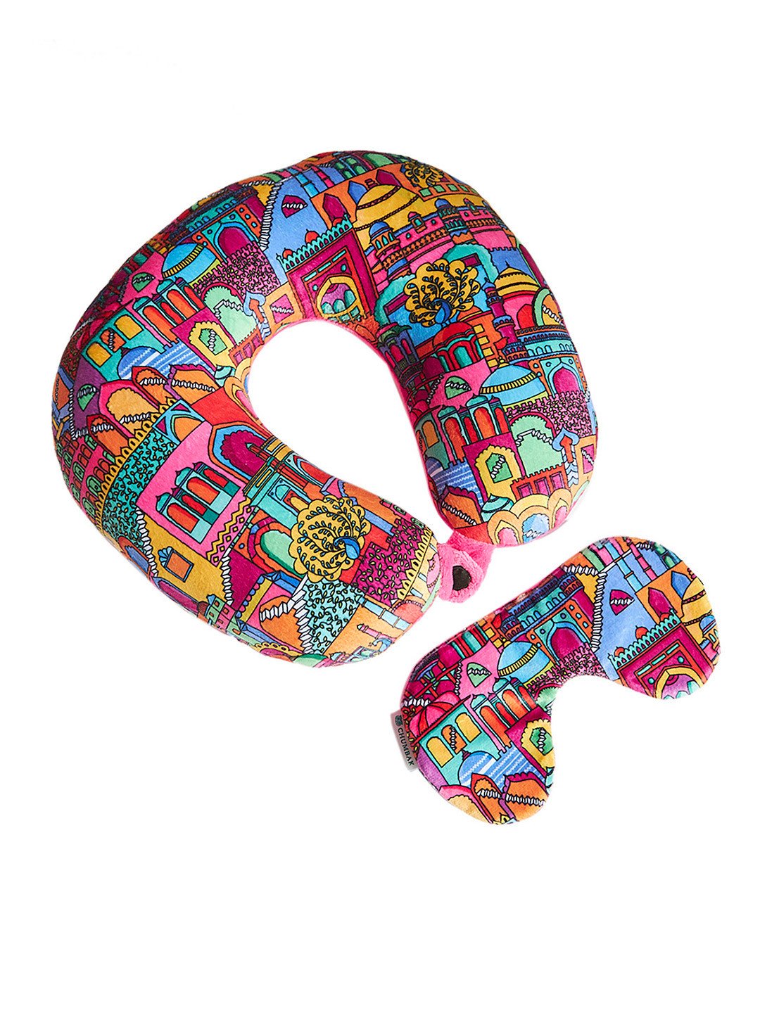 Chumbak Pink Graphic Polyester Firm Travel Pillow with Eye Mask-22.5 x 11 x 24 cm