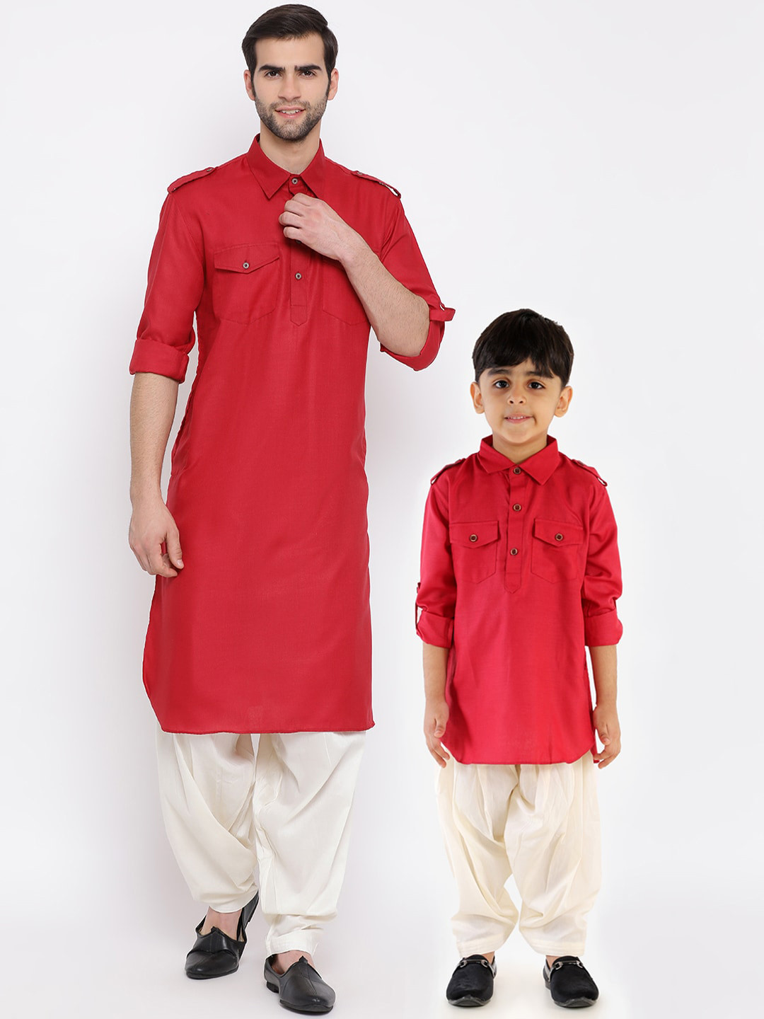 VASTRAMAY Men Red Regular Kurta with Off-White Dhoti Pants