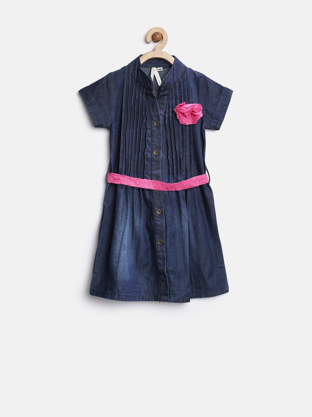 StyleStone Girls Navy Denim Shirt Dress with Tucks
