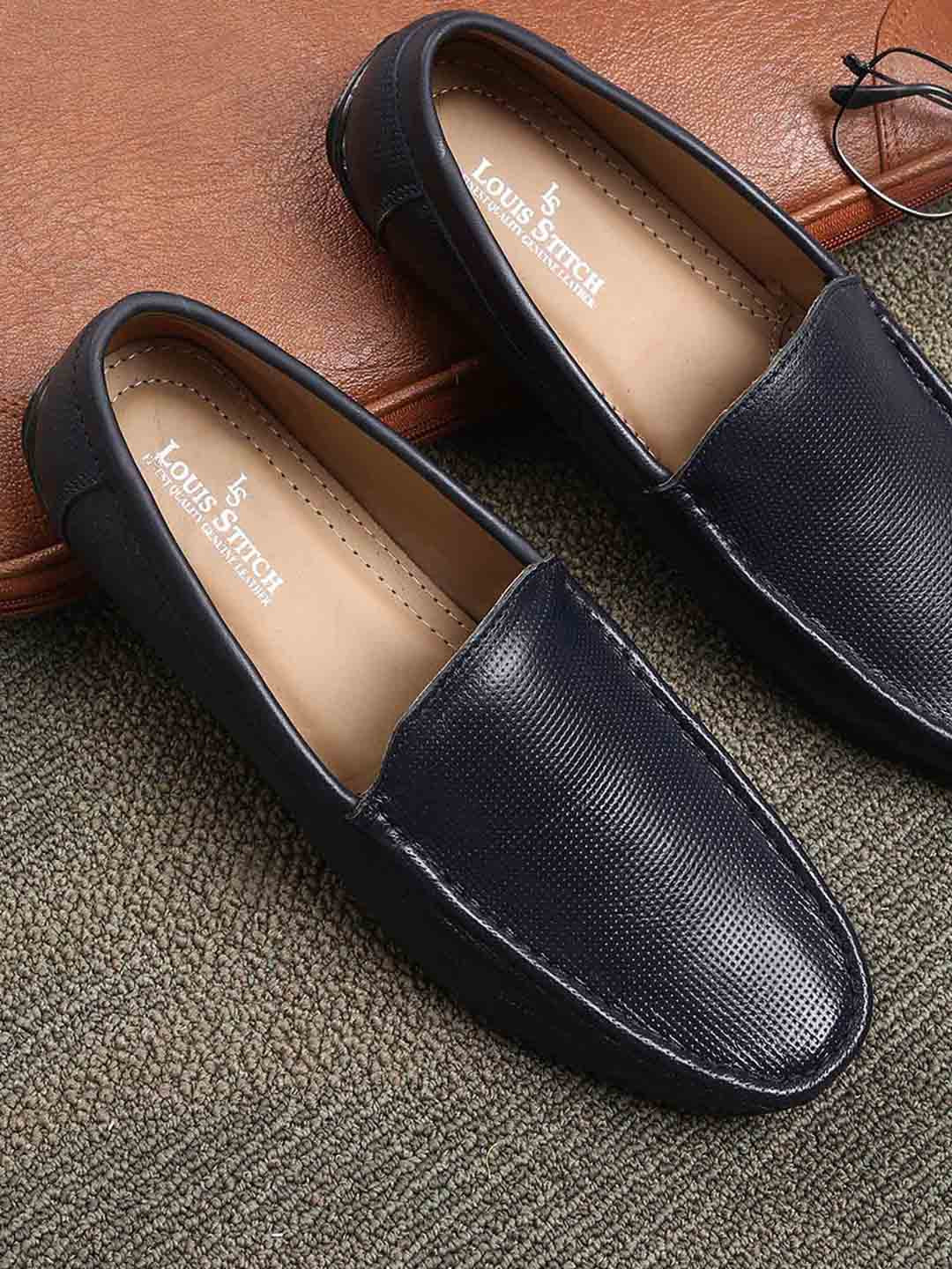 LOUIS STITCH Men Navy Blue Leather Loafers